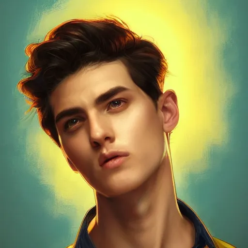 Image similar to ultra realistic illustration, a young man with black hair, in a checkered yellow shirt, with blue eyes, highly detailed, digital painting, artstation, concept art, smooth, sharp focus, illustration, art by artgerm and greg rutkowski and alphonse mucha