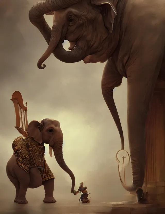 Image similar to painting of humanoid elephant wearing medieval bard clothes and holding a harp, epic, trending on artstation, masterpiece, cinematic lighting, by ross tran and by greg rutkowski