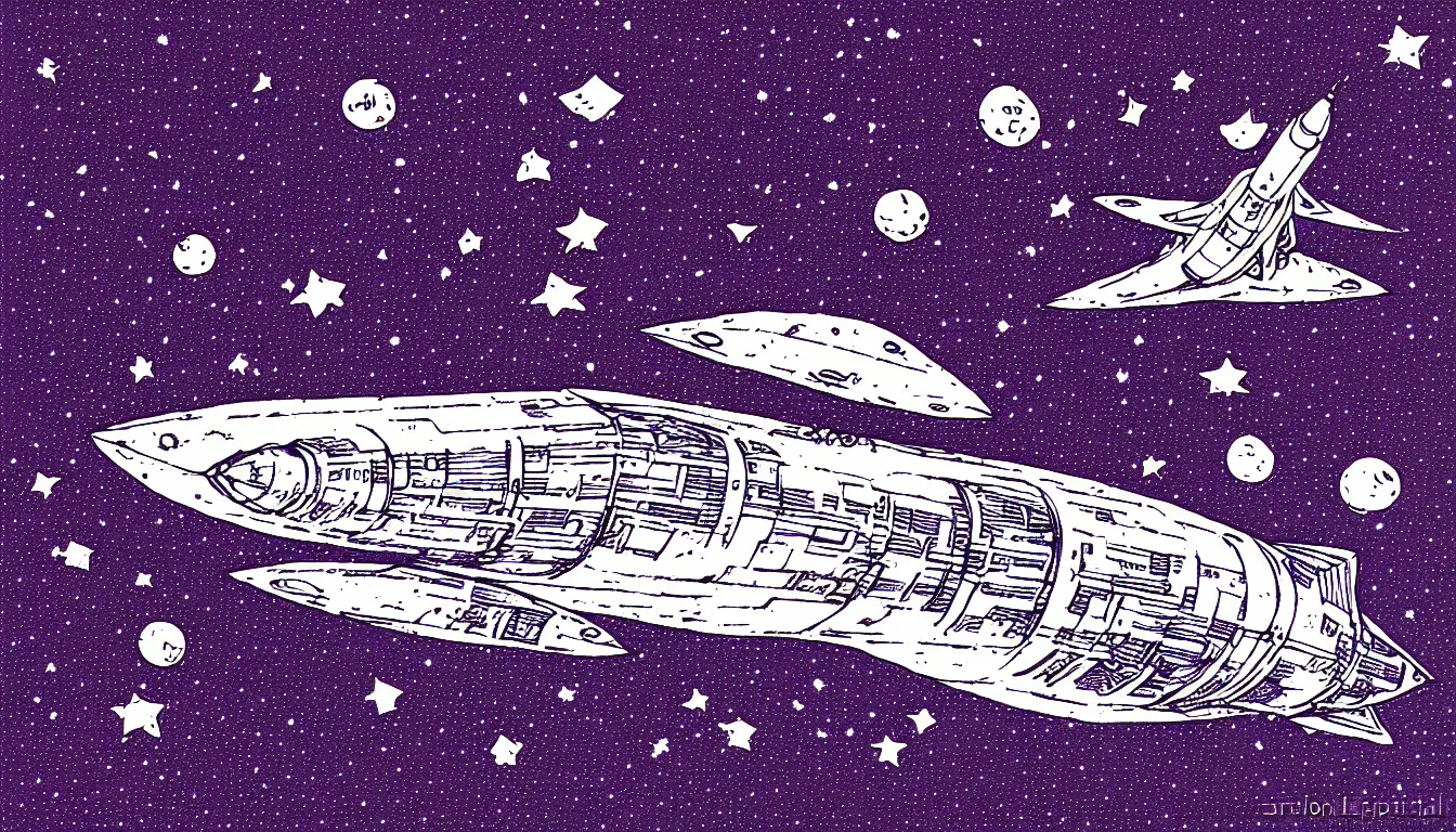 Prompt: spaceship in the sky by traditionnal rizoprint