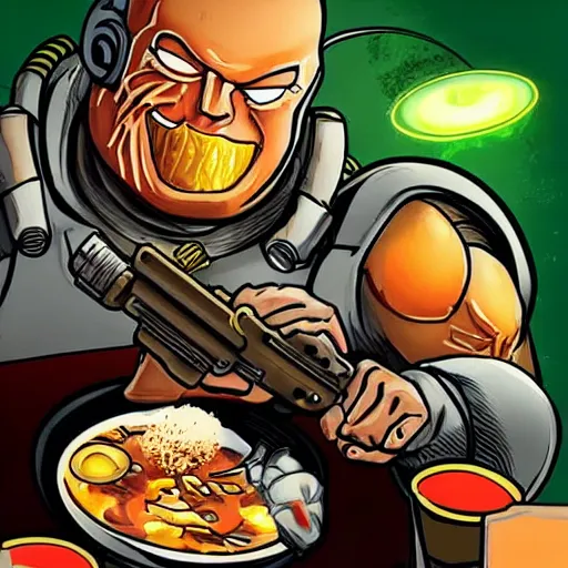 Prompt: doom guy eating a bowl of ramen while firing a shotgun