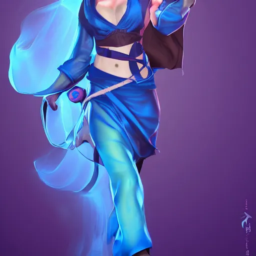 Prompt: a female ninja in blue, with flowing hair, and blue kimono, artstation, volumetric lighting, hd