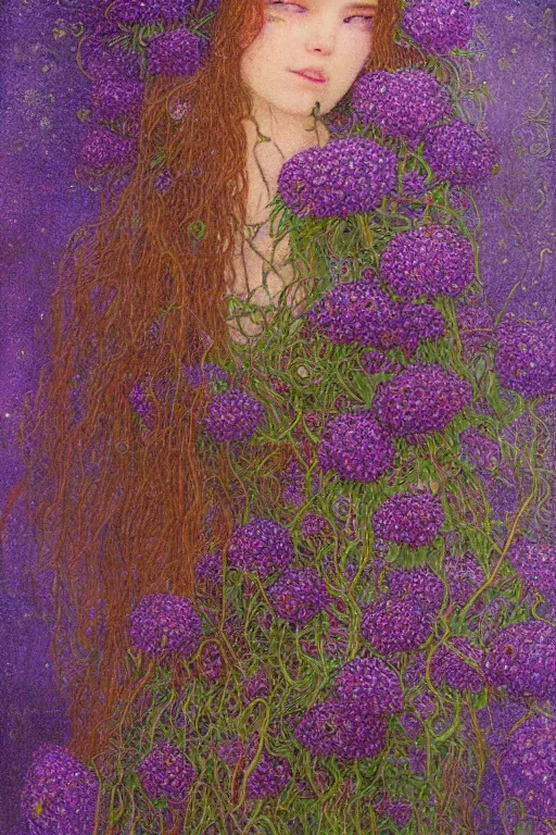 Image similar to portrait of beautiful gothic young mainem, more thunderstorm, cyber armor, a lot of scars, more and more flowers, purple head, the middle ages, highly detailed, artstation, illustration, art by jean delville, 8 k quality, art by greg gandy and gustav klimt