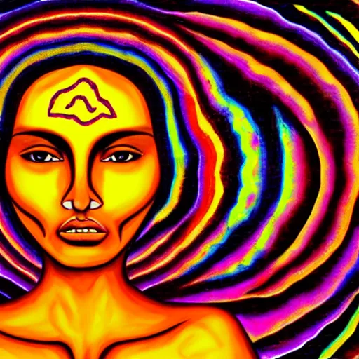 Image similar to tan latina woman, landscape, entering third dimension, eating third eye, prominent rosy cheek bones, black hair and brown eyes, psychedelic di vinci art style,