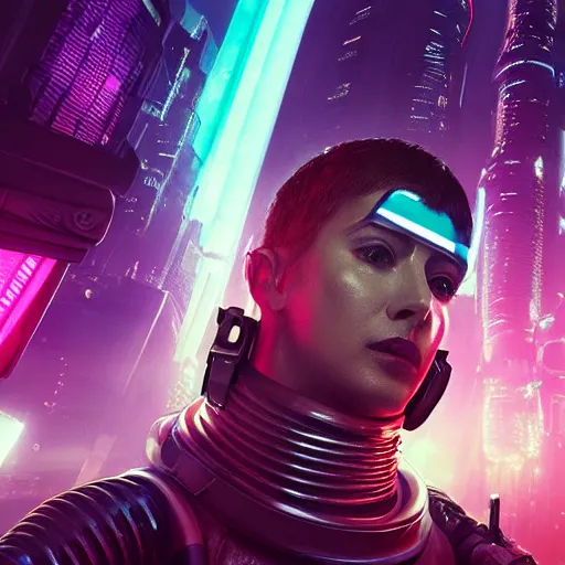 Image similar to professional closeup photo of astronaut from low angle shot with cyberpunk city on background, synthwave, blade runner, hyperrealistic masterpiece, trending on artstation, cgsociety, kodakchrome, golden ratio, cinematic, composition, beautiful lighting, hyper detailed, sharp focus, octane render, 4 k, unreal engine