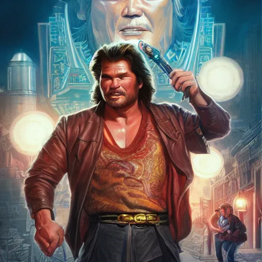 Prompt: big trouble in little china, movie poster, kurt russel, intricate, detailed, volumetric lighting, scenery, digital painting, highly detailed, artstation, sharp focus, illustration, artstation, art by artgerm and greg rutkowski and alphonse mucha