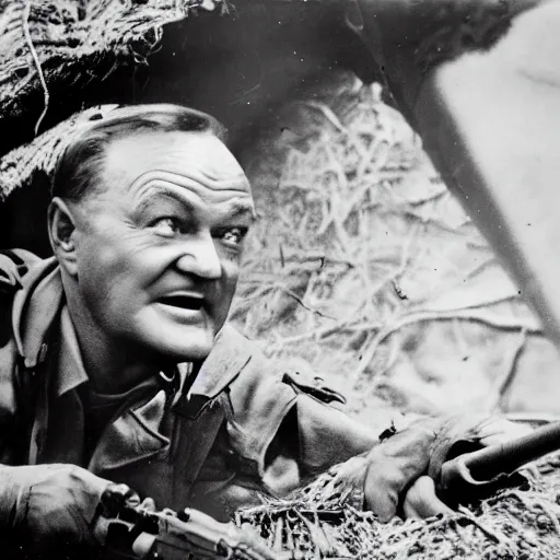 Prompt: bob hope manning a machine gun nest in world war 2, photo realistic, 8 k