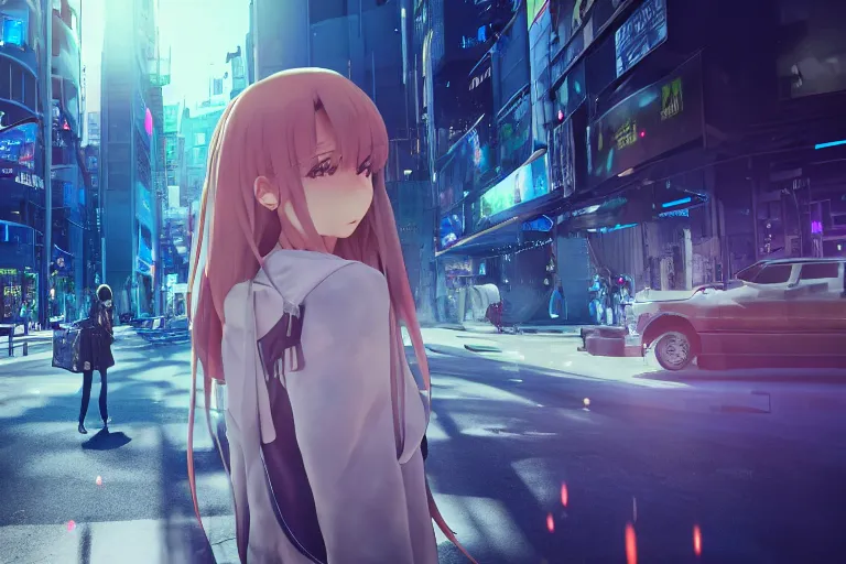 Prompt: professional close-up photo of an anime girl with long hair on the busy streets of a dystopian futuristic city with pedestrians, 4k, octane render, Unreal Engine