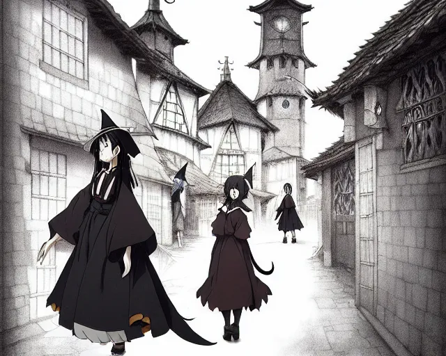 Image similar to ( ( majo no tabitabi ) ), kyoani key anime visual portrait of a young female witch walking through a busy medieval village, dynamic pose, dynamic perspective, cinematic, dramatic lighting, detailed silhouette, anime proportions, perfect anime face ( murata range )