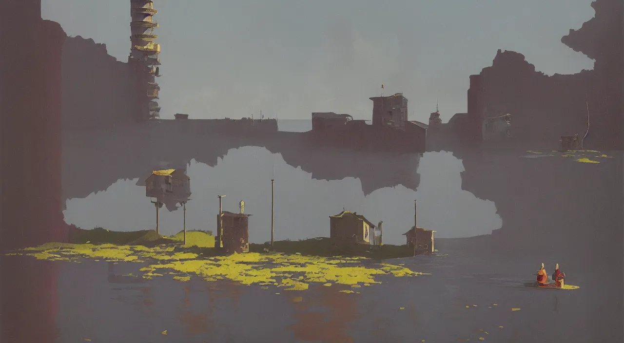 Prompt: flooded colorful surreal lonely single ancient tower, very coherent high contrast!! painting by stalenhag spitzweg magritte syd mead norman rockwell edward hopper james gilleard, dark shadows, sunny day, triadic color scheme, hard lighting, masterpiece