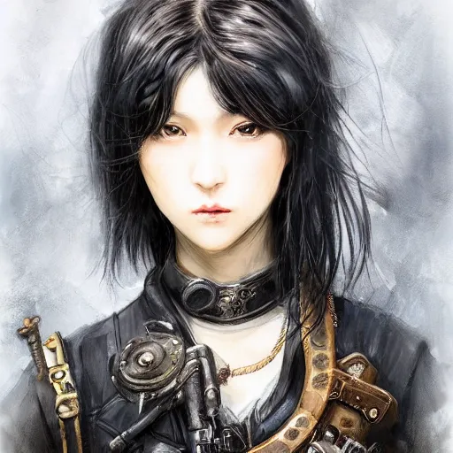 Image similar to portrait of a girl by ayami kojima, mixture between japanese and russian, she is about 2 0 years old, messy black bob hair, very tall and slender, she is wearing a steampunk tactical gear, highly detailed portrait, digital painting, artstation, concept art, smooth, sharp foccus ilustration, artstation hq