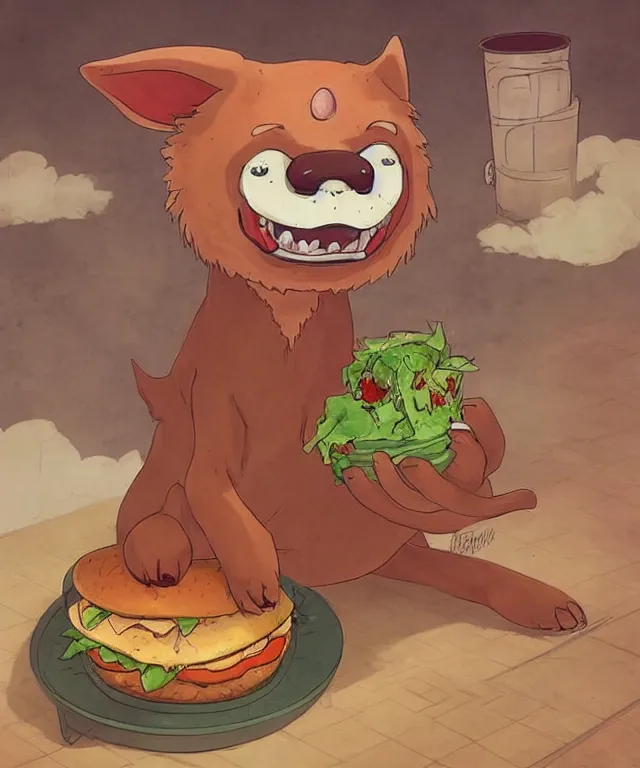 Image similar to a cute anthropomorphic hellhound fast food server in the style of studio ghibli trending on artstation deviantart pinterest detailed realistic hd 8 k high resolution