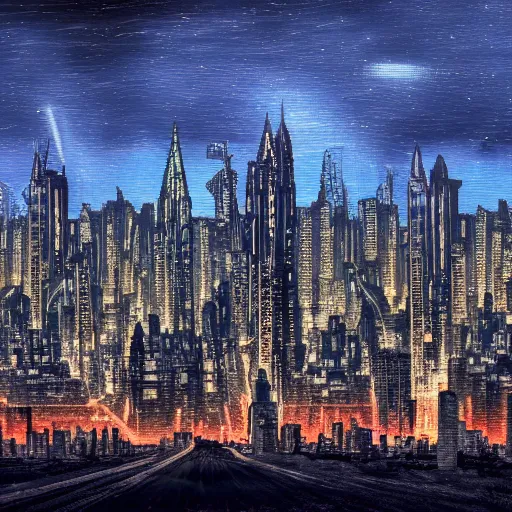 Prompt: ruined metropolis, a huge city view at night