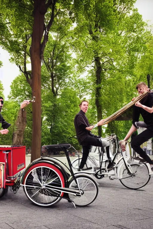 Image similar to band playing in the park with christiania cargobike. Summer. Cinematography, mega scans, cinematic, hyper realistic, photo realistic, cinematic composition, highly detailed, vray, 8k render