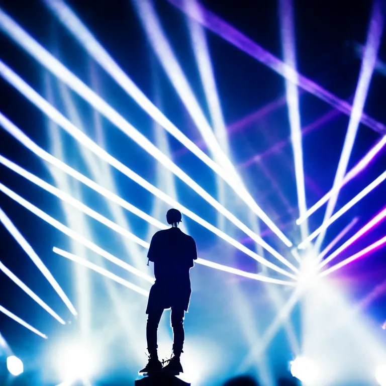 Prompt: rapper using microphone, epic angle, profile view, silhouetted, distinct, psychedelic hip-hop, laser light show, beams of light