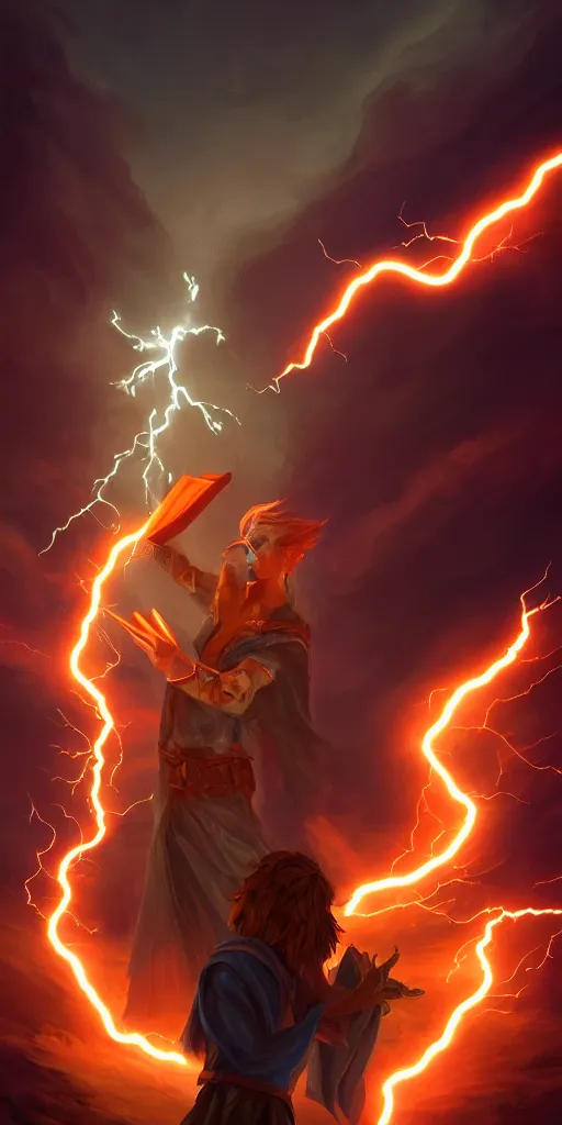 Prompt: A mage stands reading a spell book, as he reads the words a lightning bolt shoots from his hands. Magic, orange lighting, flux. High fantasy, digital painting, HD, 4k, detailed.