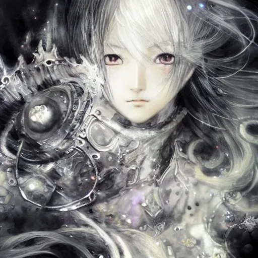 Prompt: yoshitaka amano blurred and dreamy illustration of an anime girl with black eyes, wavy white hair and crown on her head wearing elden ring armor with the cape fluttering in the wind, abstract black and white patterns on the background, noisy film grain effect, highly detailed, renaissance oil painting, weird portrait angle