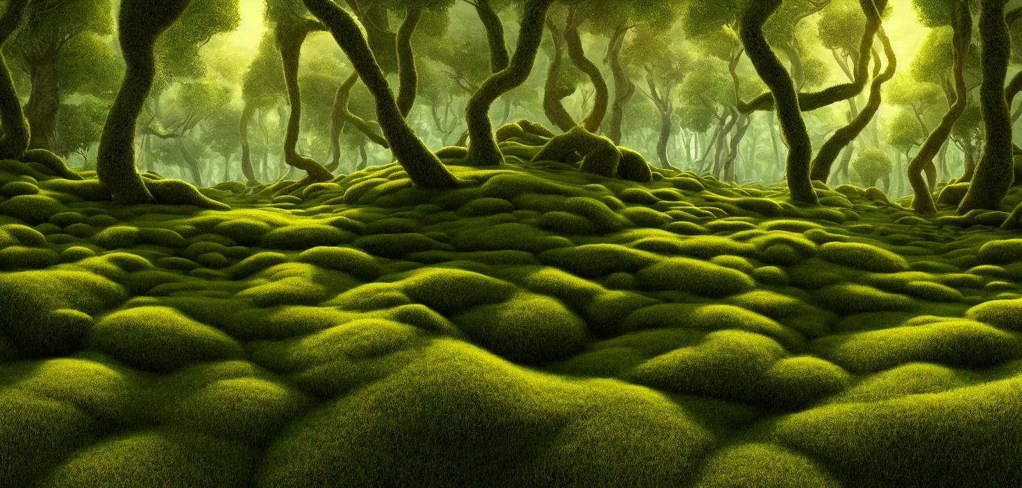 Image similar to random forest landscape, moss, incredible, vector art, octane render, fabulous, hyper detailed, random cinematic view, no noise, global illumination, warm lighting, volumetric, godrays, vivid, beautiful, style brian miller