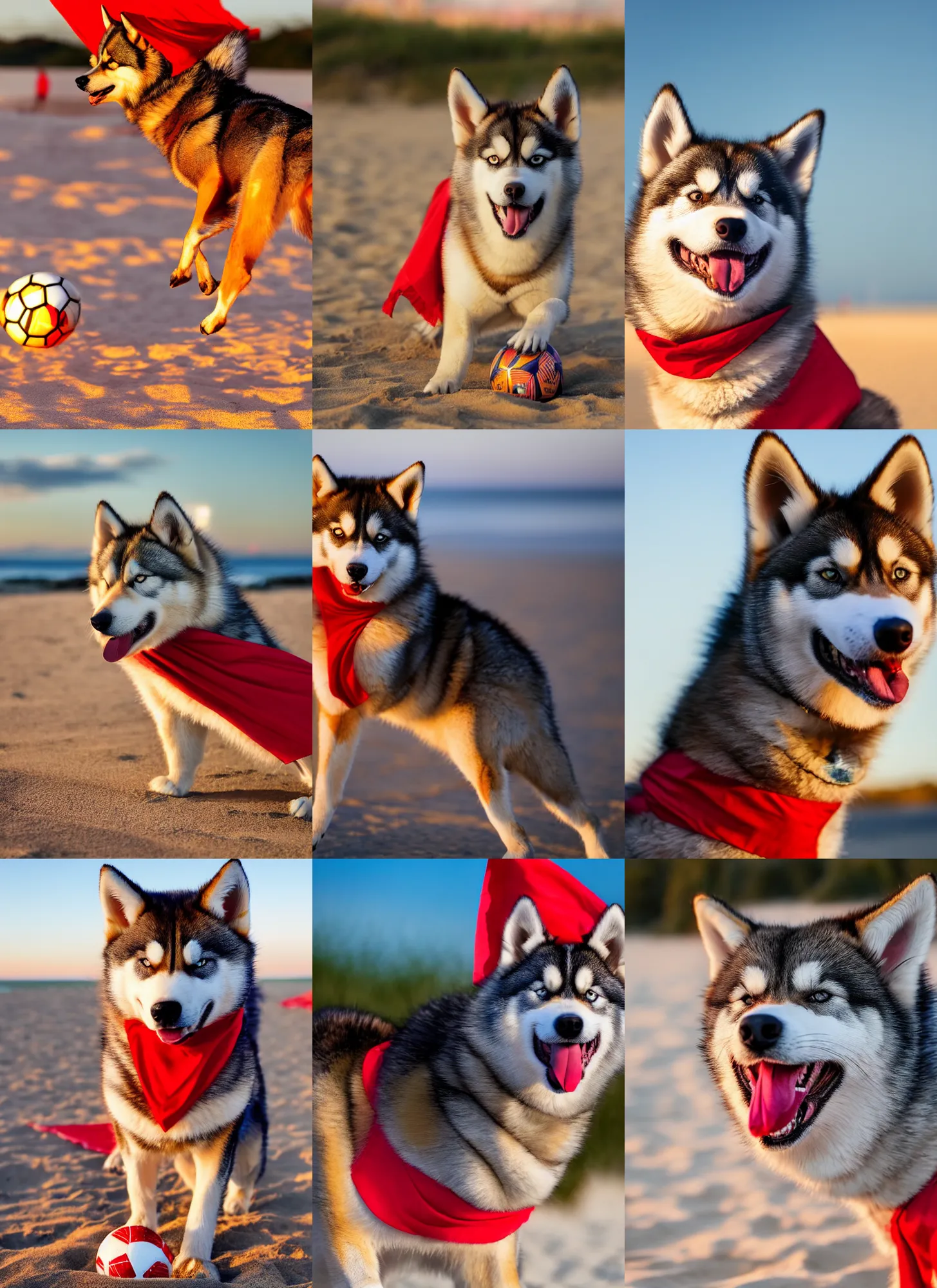 Image similar to close-up photo of a playful caramel husky wearing a red bandana playing soccer at the beach, golden hour, Breathtaking, 8k resolution, extremely detailed, beautiful, establishing shot, artistic