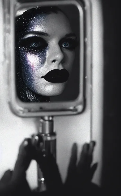 Prompt: cinestill 5 0 d candid photographic portrait by stanley kubrick of a feminine man wearing rugged black techwear and glitter goth makeup looking in the bathroom mirror, cramped new york apartment, medium closeup, retrofuturism cyberpunk cinematic, light and shadows, 8 k, hd, high resolution, 3 5 mm, f / 3 2, ultra realistic faces