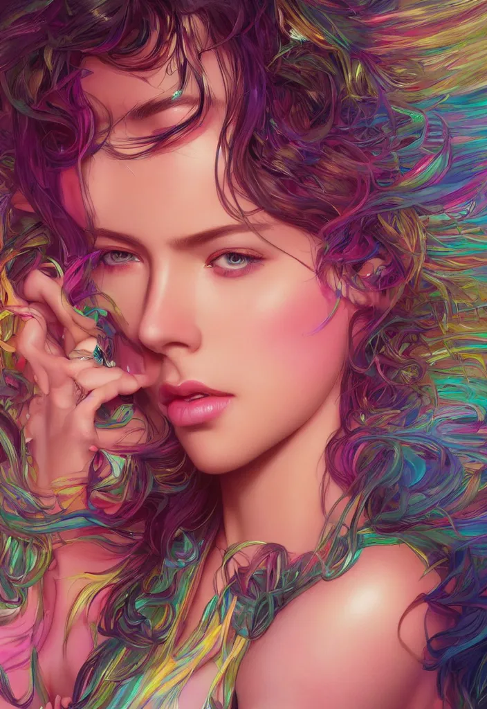 Image similar to beautiful, young woman, detailed gorgeous face, vaporwave aesthetic, synthwave, colorful, psychedelic, artstation, concept art, smooth, extremely sharp detail, finely tuned detail, ultra high definition, 8 k, unreal engine 5, ultra sharp focus, illustration, art by artgerm and greg rutkowski and alphonse mucha