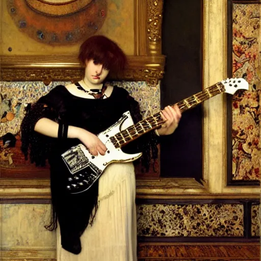 Image similar to Goth girl playing electric guitar by Mario Testino, oil painting by Lawrence Alma-Tadema, masterpiece