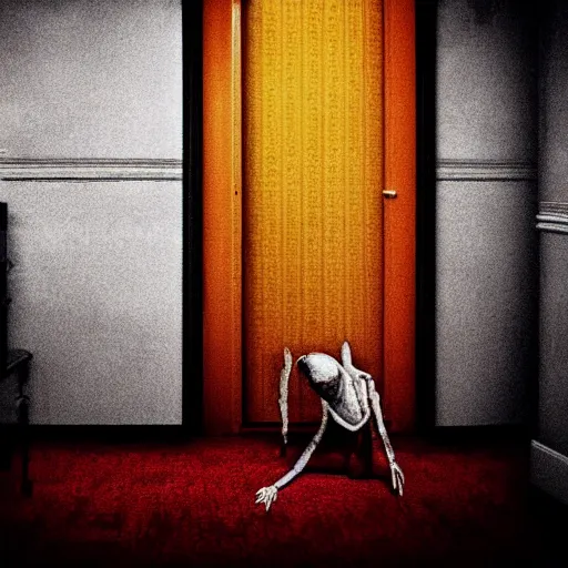 Prompt: Creepy ghost in motel room, red carpet | vintage scratched photo | Aesthetics of Silent Hill