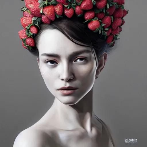 Image similar to the portrait of an absurdly beautiful, graceful, elegant, sophisticated, fashionable woman made of strawberries and white petals looking down, an ultrafine hyperdetailed illustration by kim jung gi, irakli nadar, intricate linework, bright colors, octopath traveler, final fantasy, unreal engine 5 highly rendered, global illumination, radiant light, detailed and intricate environment