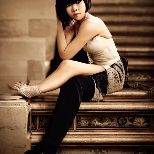 Prompt: like dust, magic gathers in overlooked places, photorealistic portrait of yuja wang. absolutely stunning!, sitting on the stairs to a palace, beautiful omnipotent goddess, symmetrical perfect face, porcelain skin, ultra - detailed, digital art, unreal engine 5, 8 k