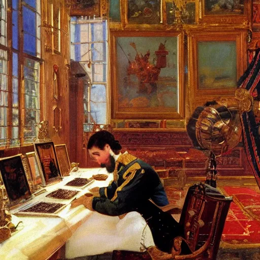 Image similar to russian tsar Peter The Great 18th century installs operating system on desktop computer by vasnetsov and surikov serov, JEAN-VICTOR BERTIN, by Terence Cuneo, detailed, artfully traced, 4k resolution, cinematic, dramatic