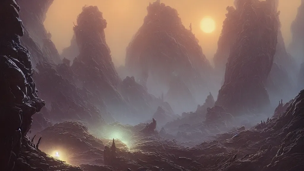 Image similar to eerie atmospheric alien planet with biomechanical plants by les edwards and vincent di fate and anato finnstark, epic cinematic matte painting