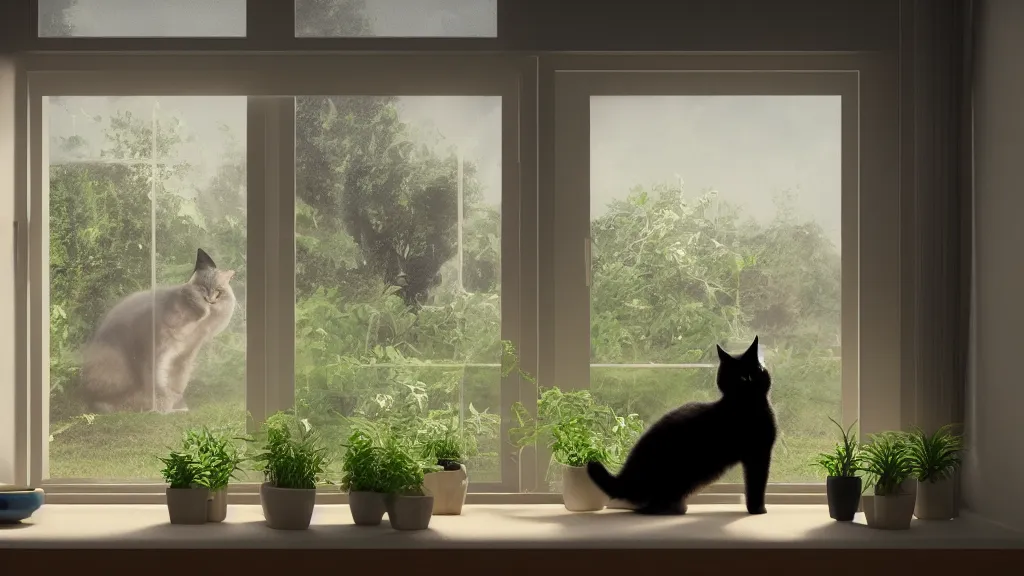 Prompt: peaceful dreamy painting of a black cat and a tabby cat looking at each other through a window, sunshine coming through the window, small plants on the window sill, 8k, hyper realism, trending on artstation, octane render