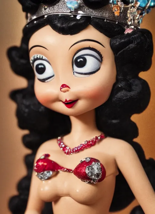 Image similar to closeup face profile portrait of tin toy betty boop as a fairytale princess wearing a crown eating cakes, bikini, depth of field, zeiss lens, detailed, symmetrical, centered, fashion photoshoot, by nicoletta ceccoli, mark ryden, lostfish, breathtaking, 8 k resolution, extremely detailed, beautiful, establishing shot, artistic, hyperrealistic, octane render