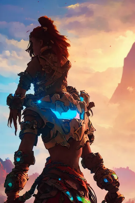 Image similar to combination suit armor aloy horizon forbidden west horizon zero dawn radiating a glowing aura global illumination ray tracing hdr fanart arstation by ian pesty and alena aenami artworks in 4 k tribal robot ninja mask helmet backpack