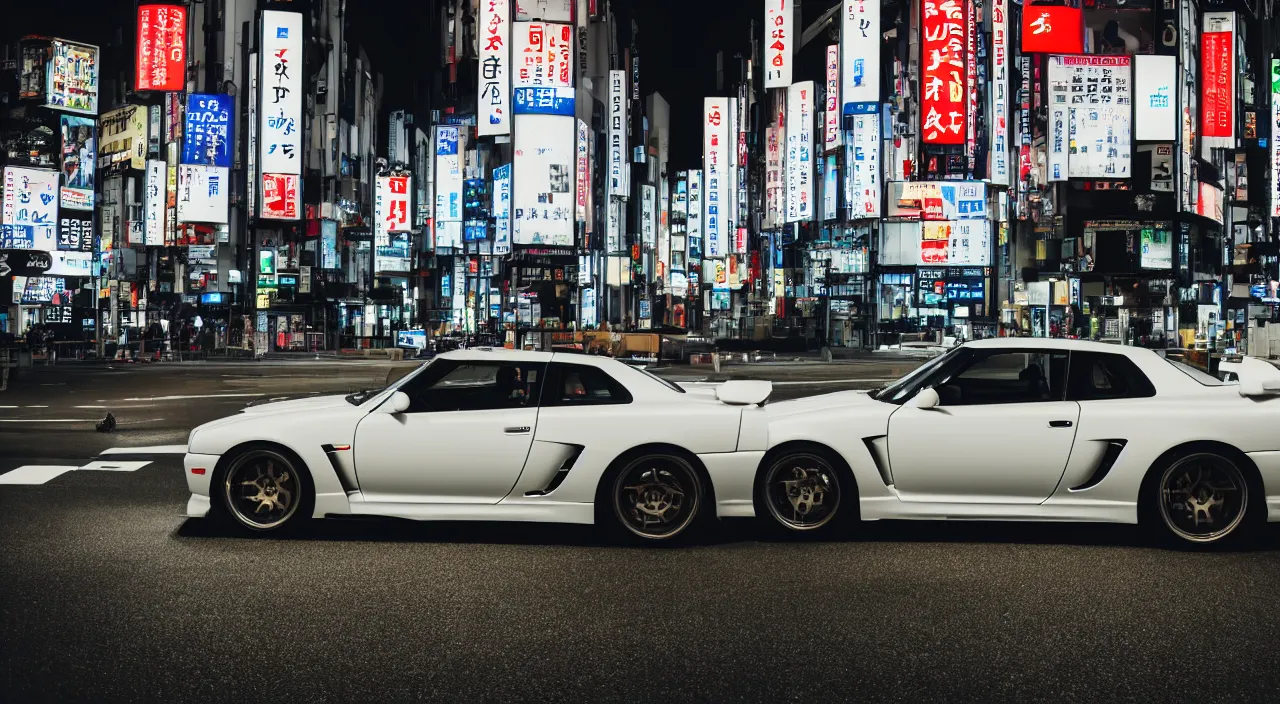 Image similar to sideview of a skyline gtr driving in tokyo at night, 4k photo, shot with sony alpha