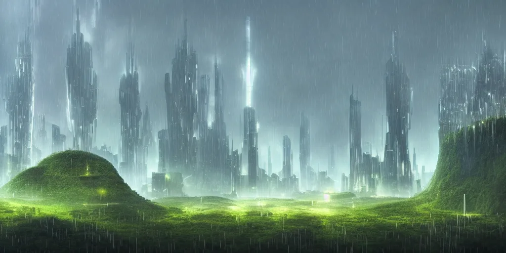 Image similar to a futuristic city scape of vertical organic farms, growing, mossy cellular structures, epic landscape, endless towering science fiction towers, raining, misty, in the style of john harris