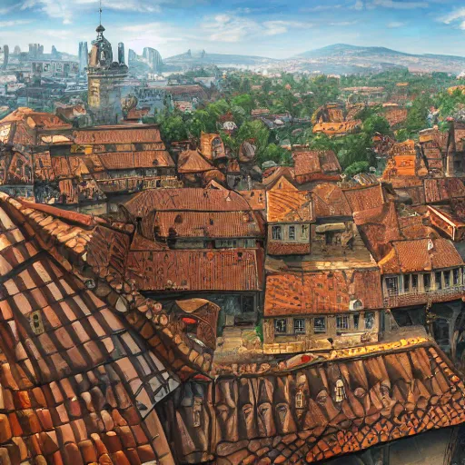 Prompt: very panoramic view of a traditional city with tiled roofs surrounded by a wooden wall, texture, intricate, details, highly detailed, masterpiece, architecture, building, trending on artstation, focus, sharp focus, concept art, digital painting, fantasy, sunny, day, midday, trending on artstation