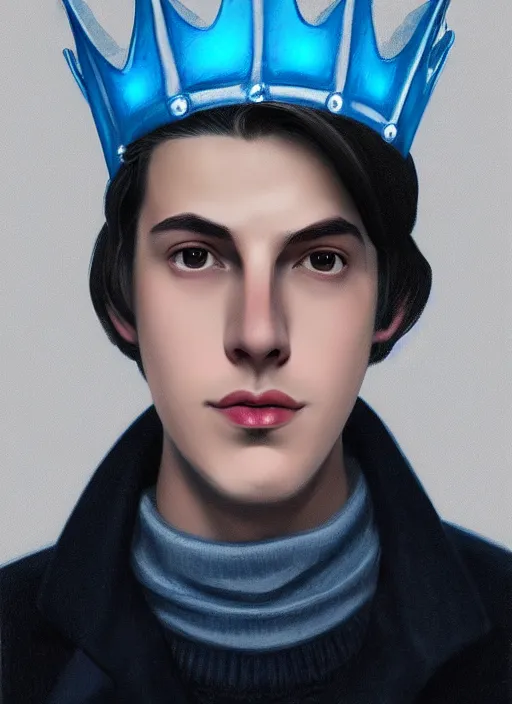 Image similar to portrait of teenage jughead jones wearing a light grey crown, crown, blue turtleneck, 1 9 5 0 s, closed eyes, photorealistic, black hair, glowing lighting, intricate, elegant, glowing lights, highly detailed, digital painting, artstation, concept art, smooth, sharp focus, illustration, art by wlop, mars ravelo and greg rutkowski