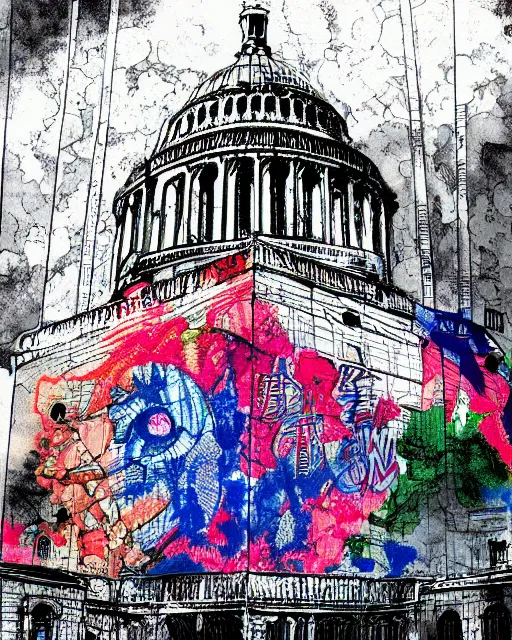 Prompt: manga color drawing of a giant anarchist graffiti on the dome of the capitol building, epic photography, dystopin future , 8k