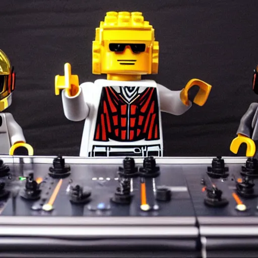 Prompt: Lego Daft Punk DJing with realistic DJ turntables