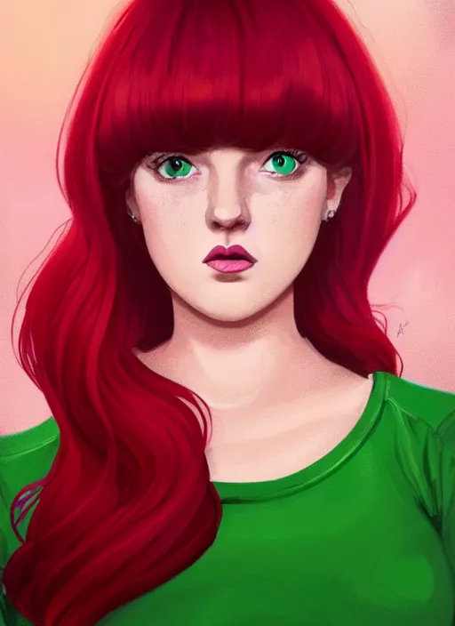 Image similar to full body portrait of teenage cheryl blossom, obese, bangs, green eyes, sultry expression, red hair, sultry smirk, bangs and wavy hair, pink skirt, fat, intricate, elegant, glowing lights, highly detailed, digital painting, artstation, concept art, smooth, sharp focus, illustration, art by wlop, mars ravelo and greg rutkowski