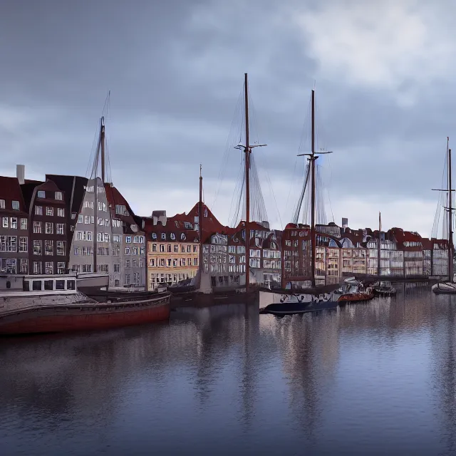 Image similar to copenhagen denmark with new england colonial buildings on a harbor, cinematic, volumetric, realistic, cinematic lighting, ray tracing, unreal engine 5, octane render, hyper realistic, photo, 8 k