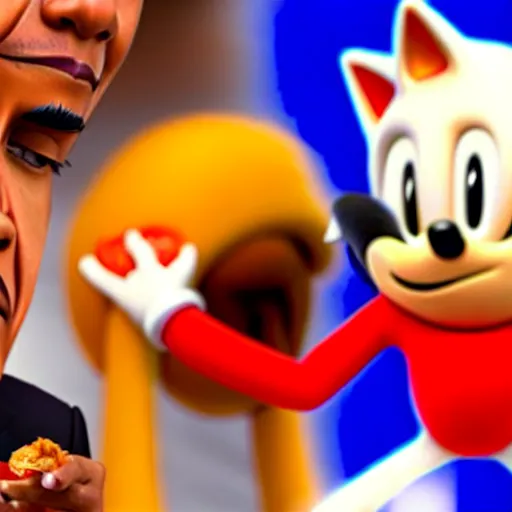 Prompt: a photograph of barack obama sharing a delicious chilli dog with sonic the hedgehog