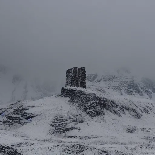 Image similar to a monolithic temple next to a snowcapped mountain. overcast sky, grainy, snowing.