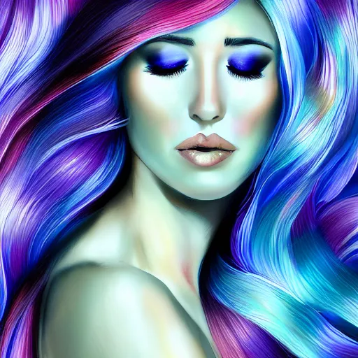 Prompt: painting of a beautiful woman with iridescent translucent hair, her eyes are closed, hair is floating, digital art, ethereal