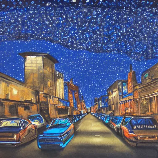 Prompt: night scene of a city. The darkness of the night is illuminated by artificial lighting. The sky is painted with cobalt blue, and shimmers with the light of stars.