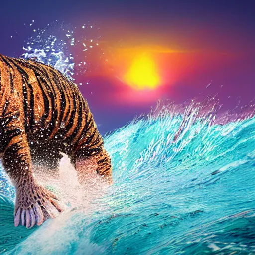 Image similar to a closeup photorealistic photograph of a cute smiling knitted tiger hippopotamus riding a large wave at sunset. surf in background. professional capture. brightly lit scene. this 4 k hd image is trending on artstation, featured on behance, well - rendered, extra crisp, features intricate detail, epic composition and the style of unreal engine.