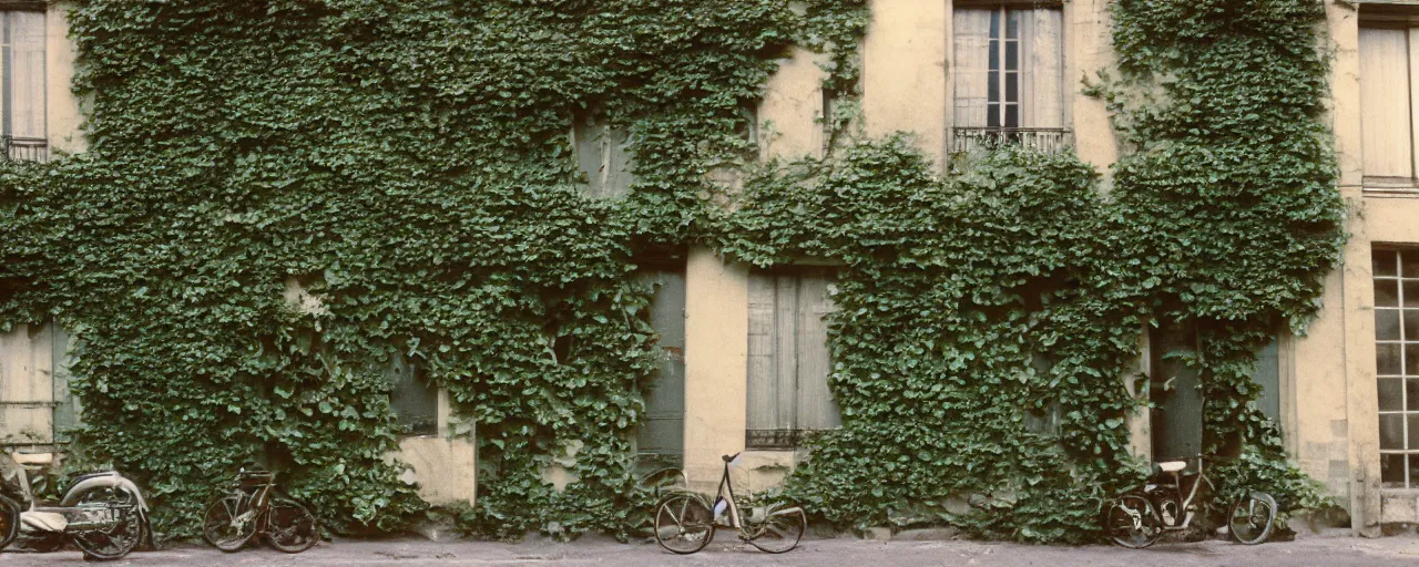 Prompt: overgrown ivy and spaghetti on a parisian side street, 1 9 5 0 s, canon 5 0 mm, kodachrome, in the style of wes anderson, retro