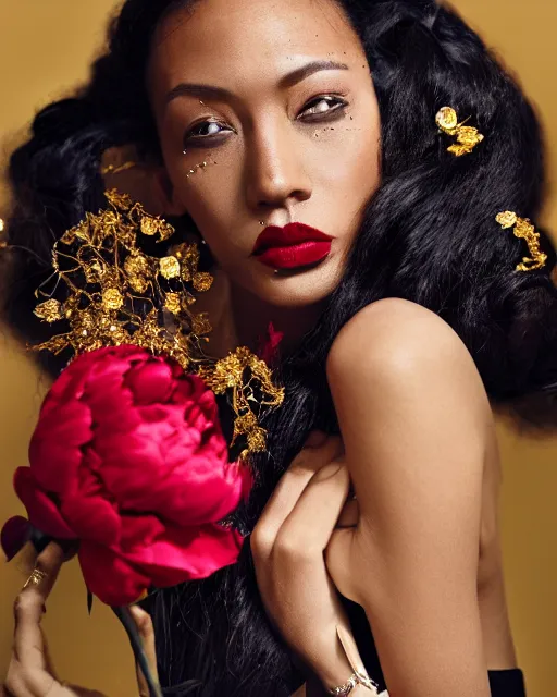 Image similar to Portrait of a European woman, black, close-up, high sharpness, zeiss lens, fashion photo shoot, peony flowers, red hair, red lipstick, in the background of gold, they have rhinestones on their face, Edward Buba, Annie Leibovitz and Steve McCurry, Leslie Zhang, David Lazar, Jimmy Nelsson, Eiko Hosoe, artistic, hyperrealistic, beautiful face, octane rendering