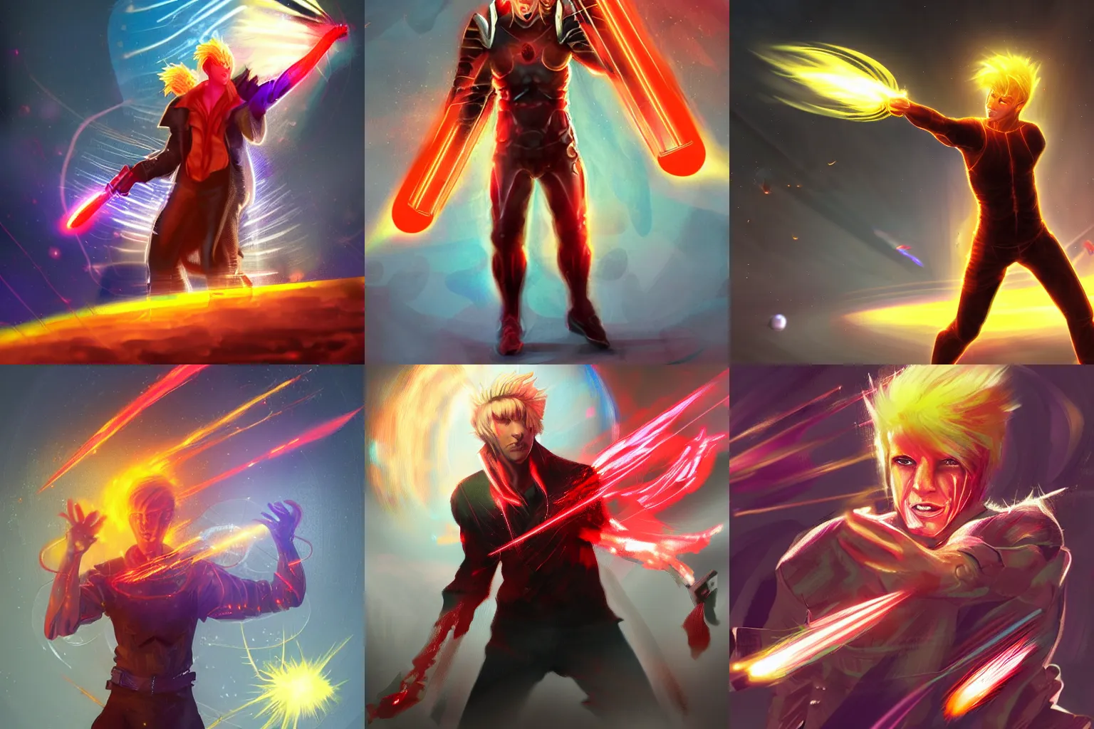 Prompt: a blond male resonant psycaster shooting out strings of red psychic energy into his glowing targeted foes, concept art featured on artstation, digital painting