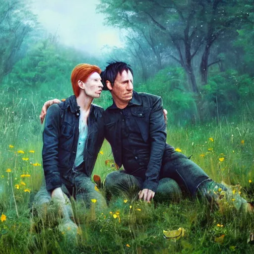 Image similar to david bowie and trent reznor are in a beautiful meadow in love and happy. gay male couple. from the television show merlin ( 2 0 0 8 ). ; high - detailed oil painting by igor sychev and mark keathley trending on artstation, masterpiece, 4 k